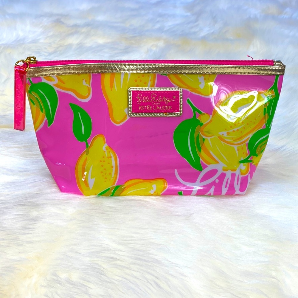 •Lilly Pulitzer X Estēe Lauder• Vinyl glossy Lemons Hot Pink cosmetic bag